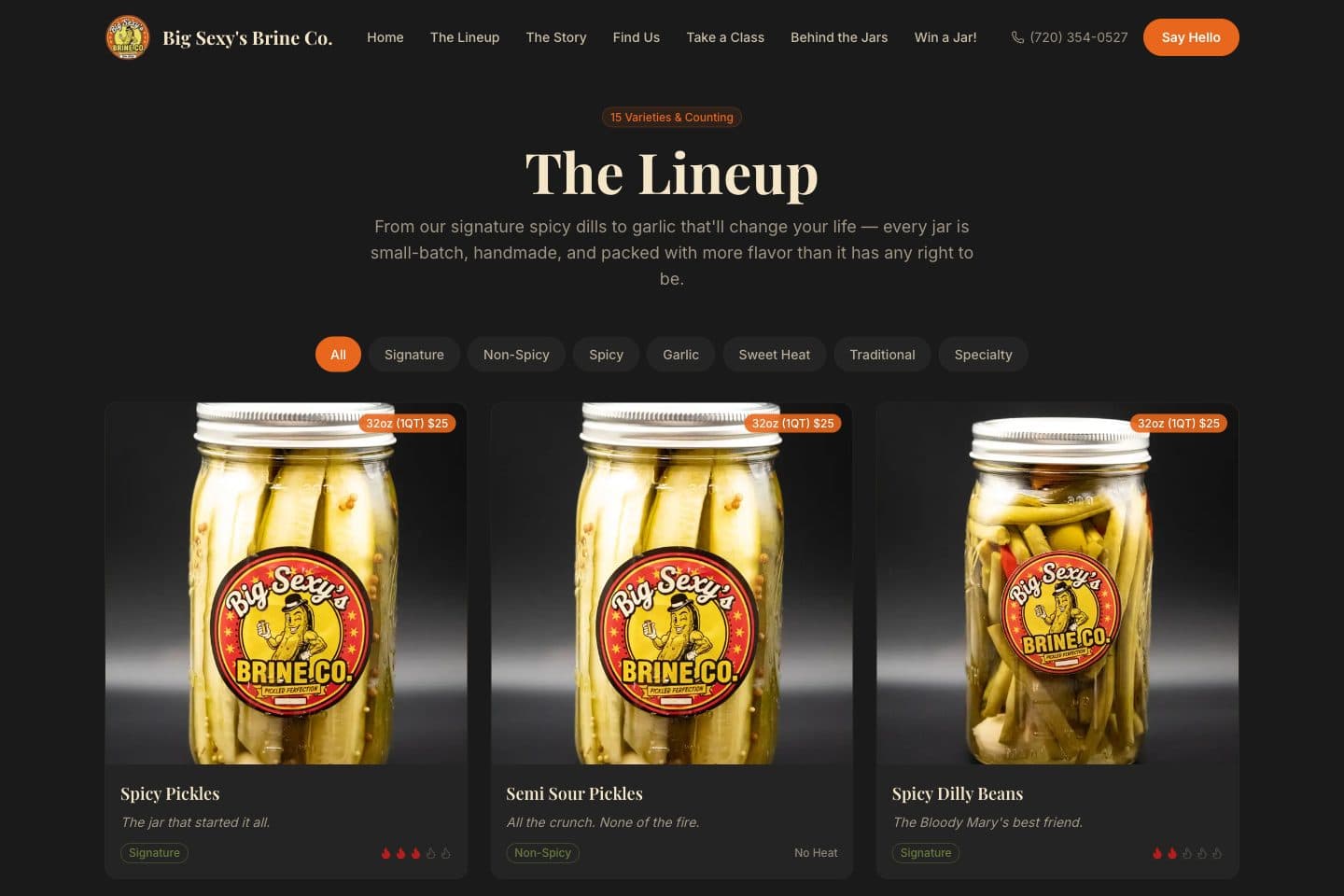 Big Sexy’s Brine Co. product lineup with jar photographs and product details