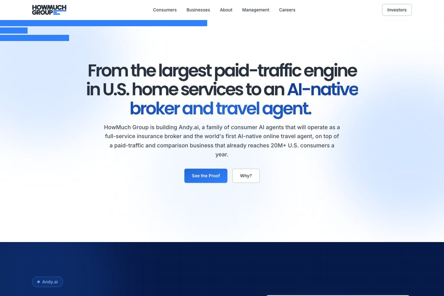 HowMuch Group's public website introducing its consumer services and Andy.ai